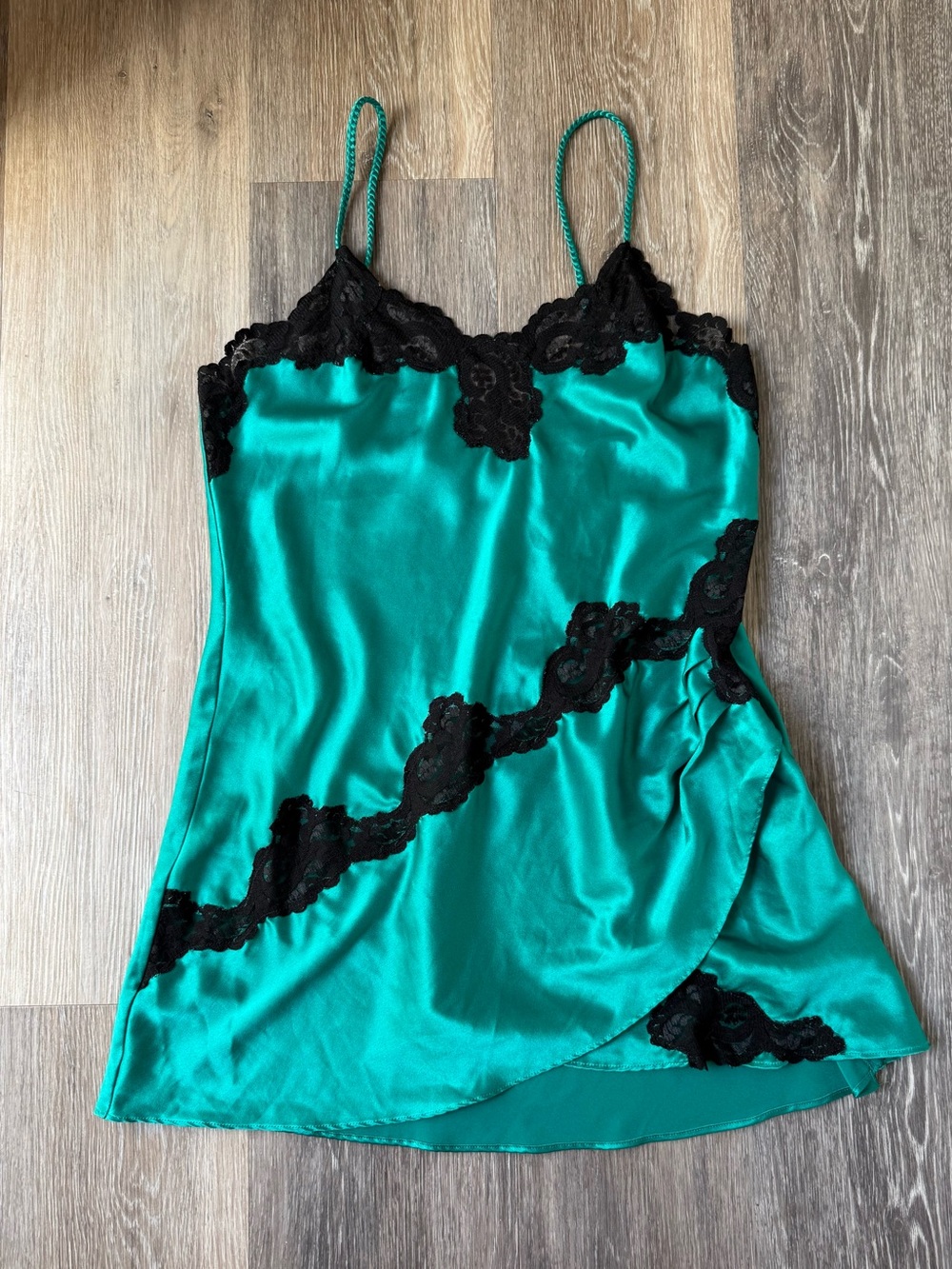 Vintage Gold Label Victorias Secret Emerald Green Satin Slip with Black Lace S